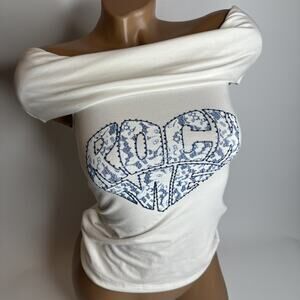 Jakioo XS White Off Shoulder Rhinestone Top Rock Me Lace Y2K Coquette Grunge